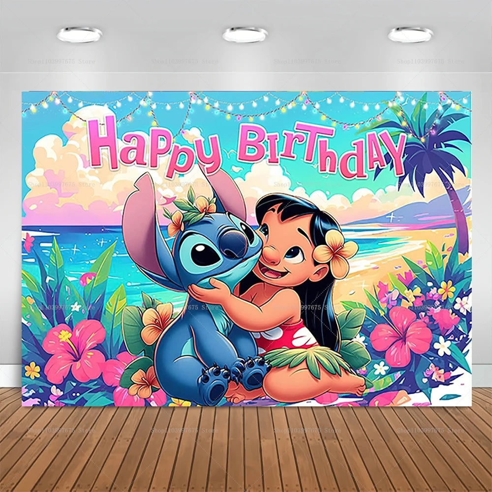 Cartoon Lilo&Stitch Party Backdrops Children's Happy Birthday