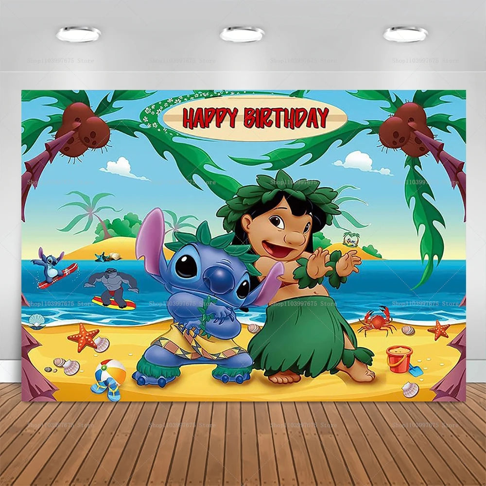 Cartoon Lilo&Stitch Party Backdrops Children's Happy Birthday