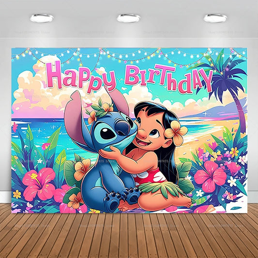 Cartoon Lilo&Stitch Party Backdrops Children's Happy Birthday